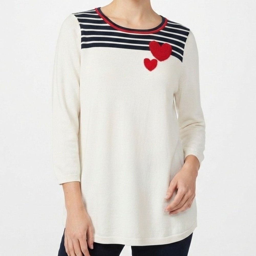 Kim Rogers Intarsia Sweater‎ Womens XL White Heart Striped Nautical Cotton NWT